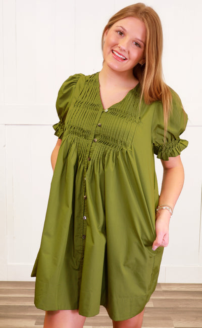 Entro Green Button Down Smocked Neck Dress