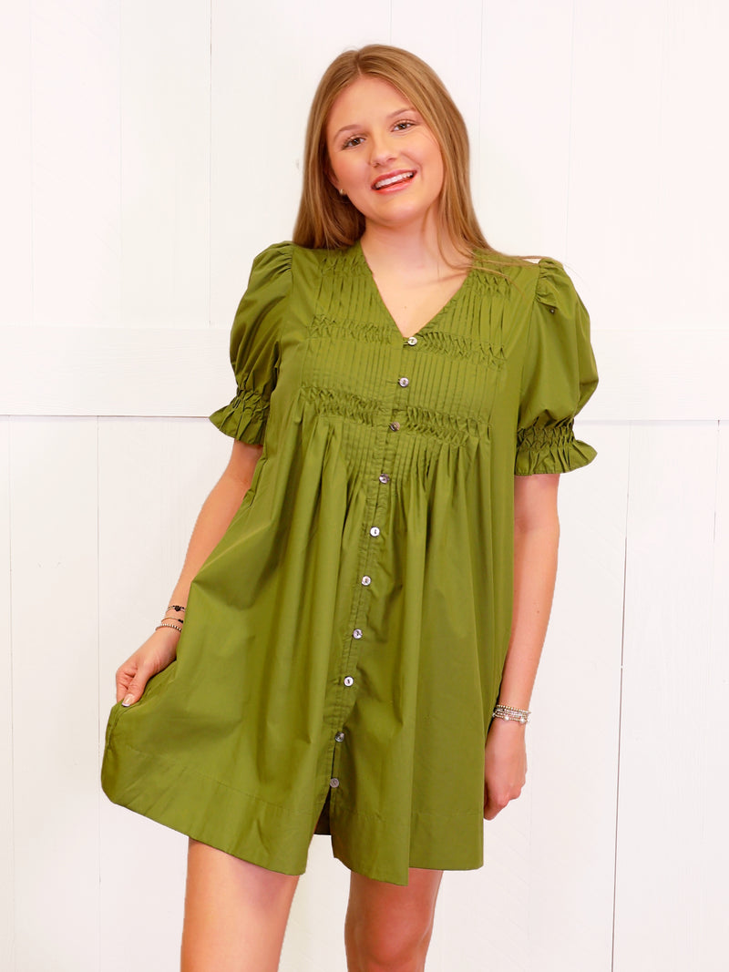 Entro Green Button Down Smocked Neck Dress