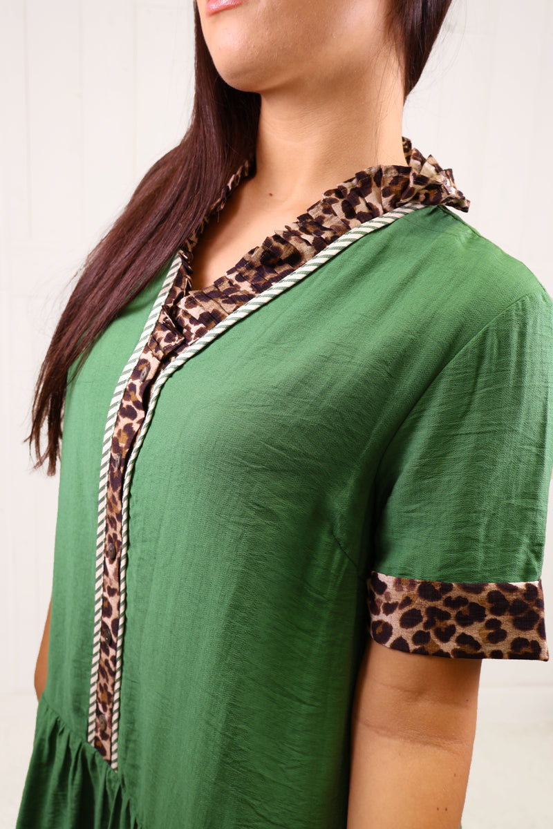 Entro Green Cheetah Split Neck Dress