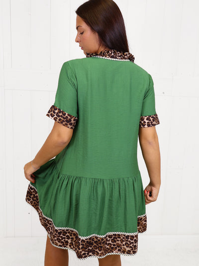Entro Green Cheetah Split Neck Dress
