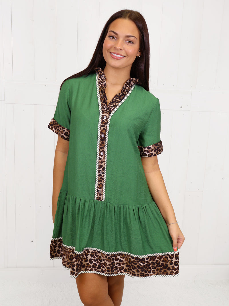 Entro Green Cheetah Split Neck Dress