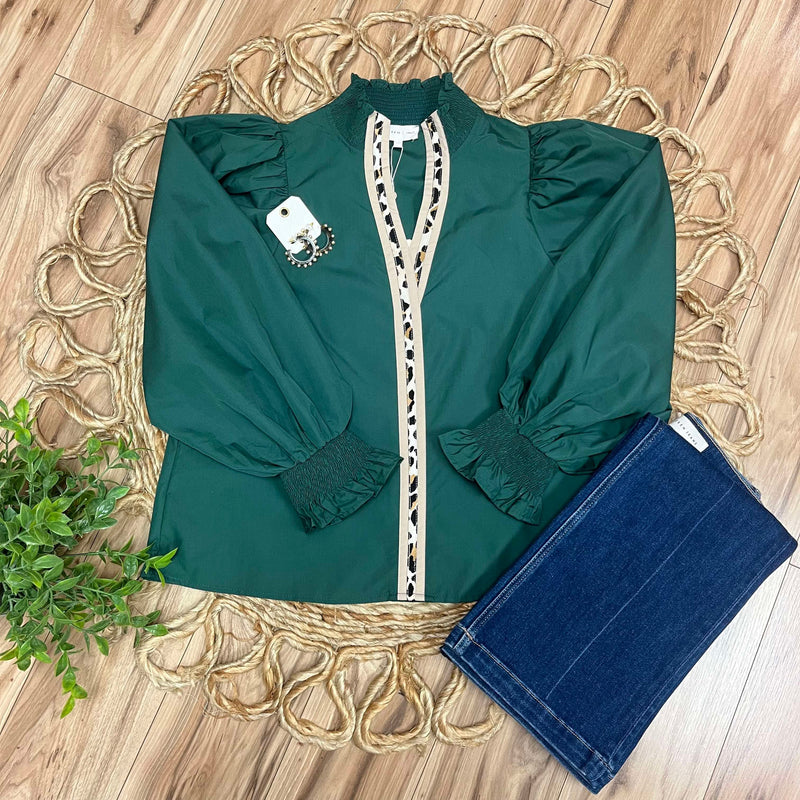 Entro Hunter Green Cheetah Split Neck Top