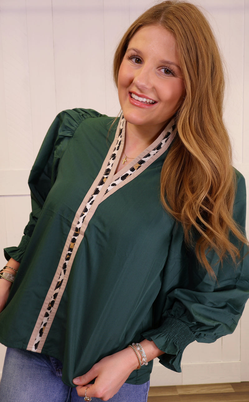 Entro Hunter Green Cheetah Split Neck Top