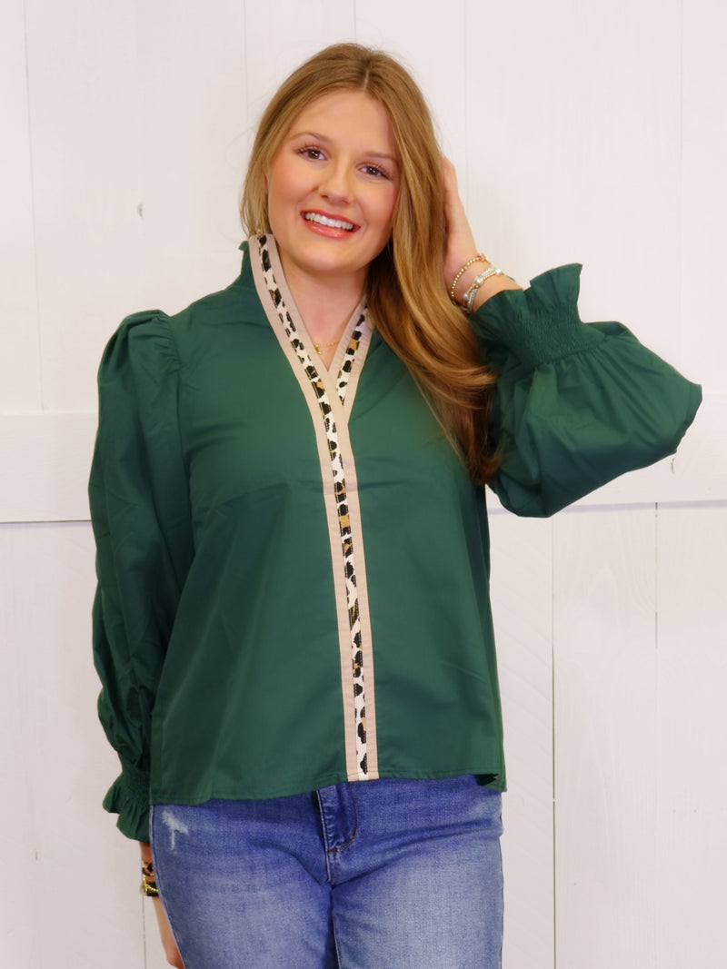 Entro Hunter Green Cheetah Split Neck Top