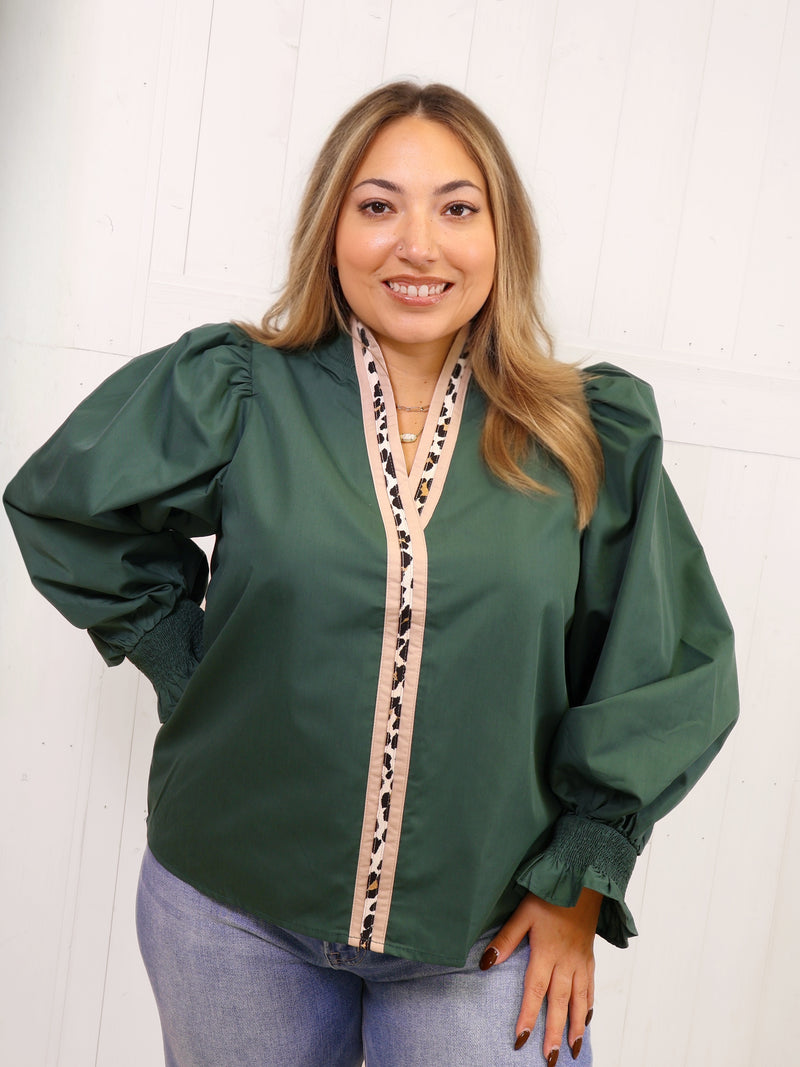 Entro Hunter Green Cheetah Split Neck Top