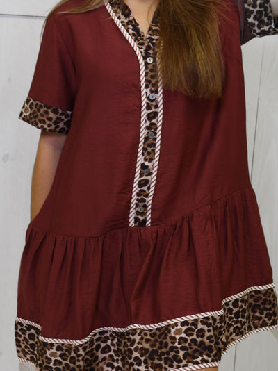 Entro Merlot Cheetah Split Neck Dress