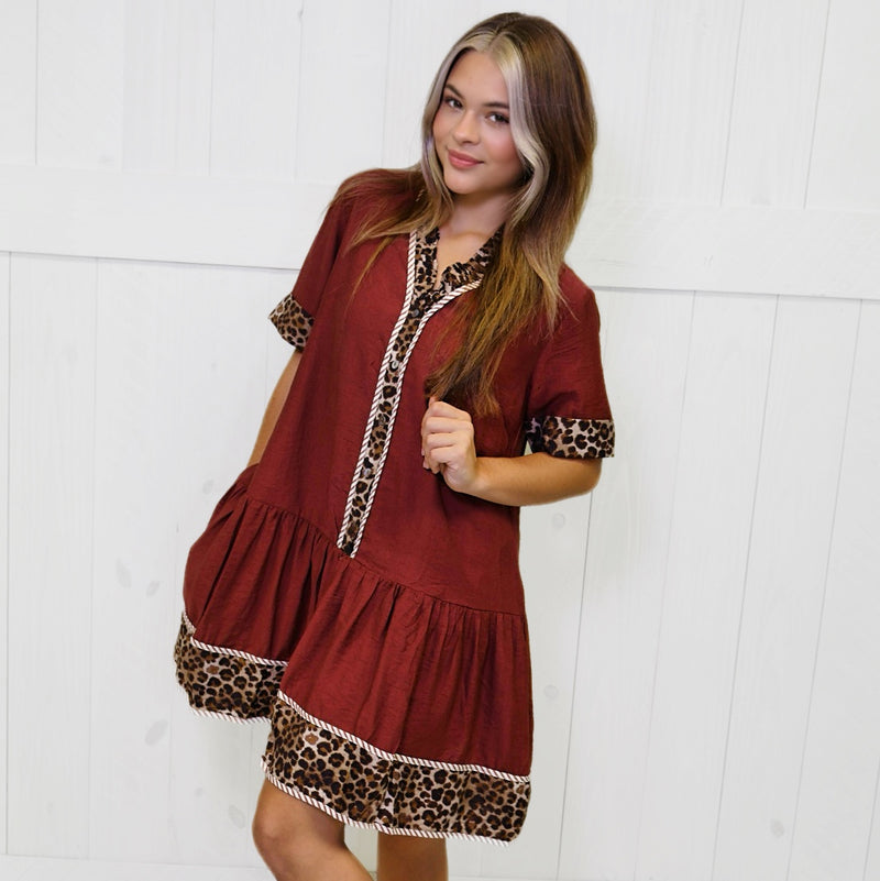Entro Merlot Cheetah Split Neck Dress