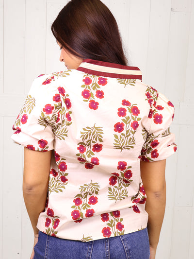 Entro Split Neck Floral Puff Sleeve Top