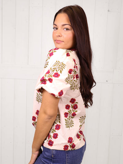 Entro Split Neck Floral Puff Sleeve Top