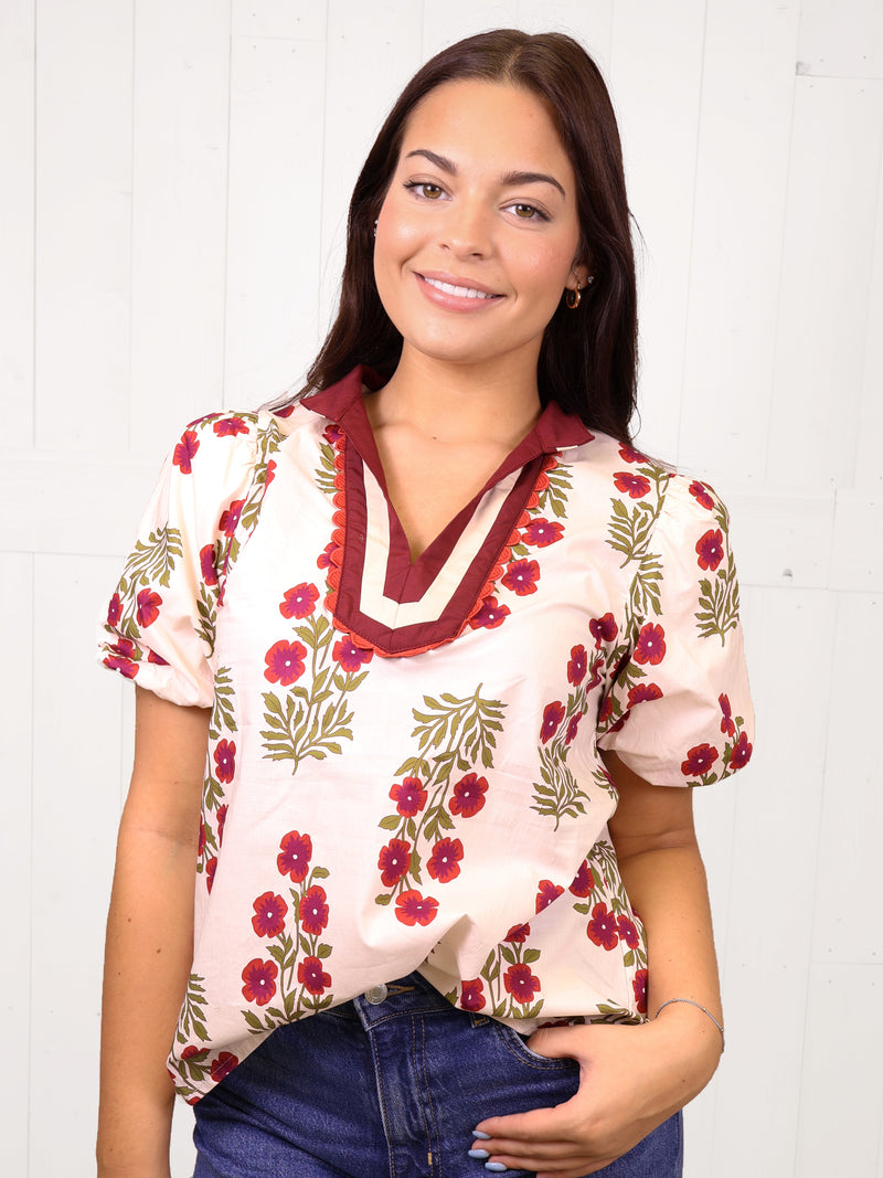 Entro Split Neck Floral Puff Sleeve Top