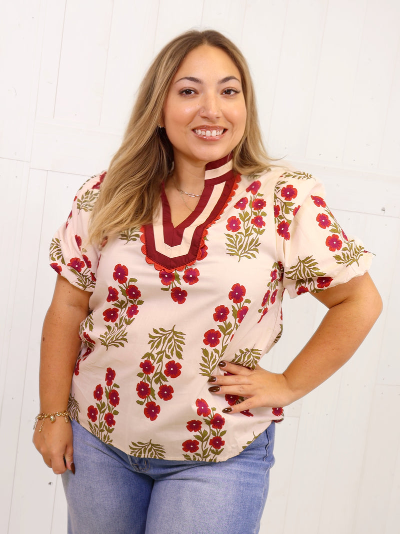 Entro Split Neck Floral Puff Sleeve Top