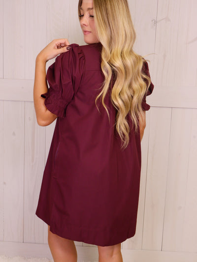 Entro Wine Button Down Smocked Neck Dress
