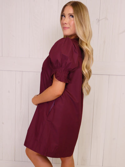 Entro Wine Button Down Smocked Neck Dress