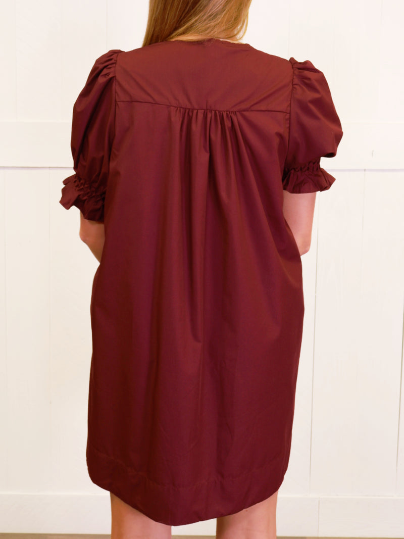 Entro Wine Button Down Smocked Neck Dress