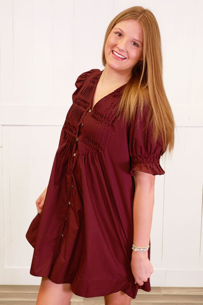 Entro Wine Button Down Smocked Neck Dress