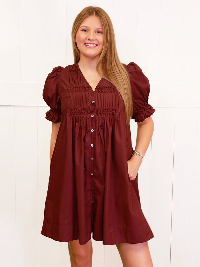 Entro Wine Button Down Smocked Neck Dress