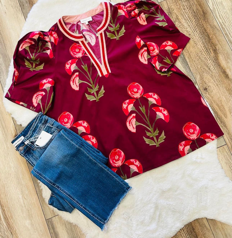 Entro Wine Floral Split Neck Top