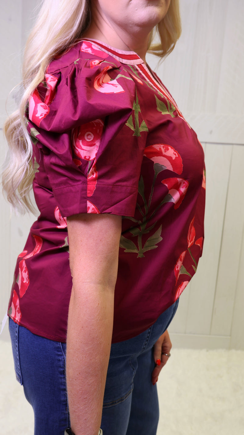 Entro Wine Floral Split Neck Top