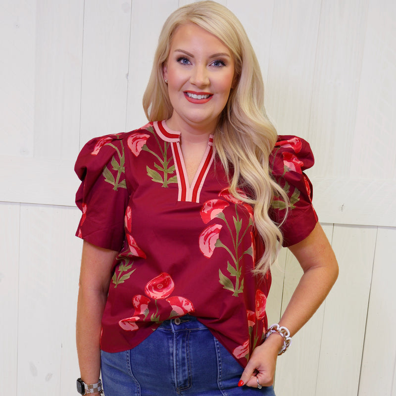 Entro Wine Floral Split Neck Top