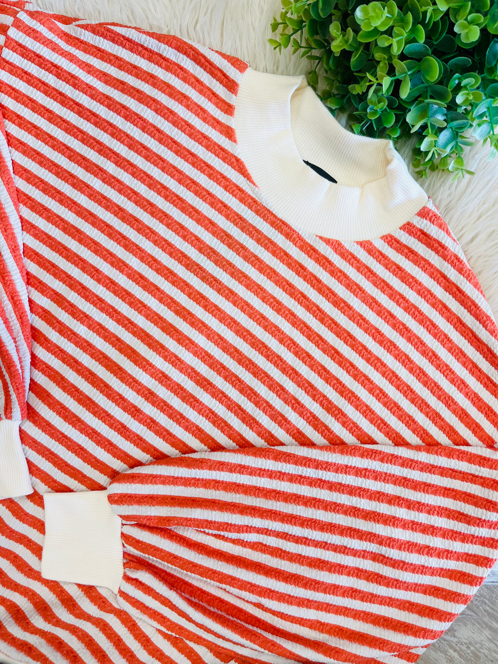 Women’s Evermmee Orange And White Striped Mock Neck Long Sleeve Top