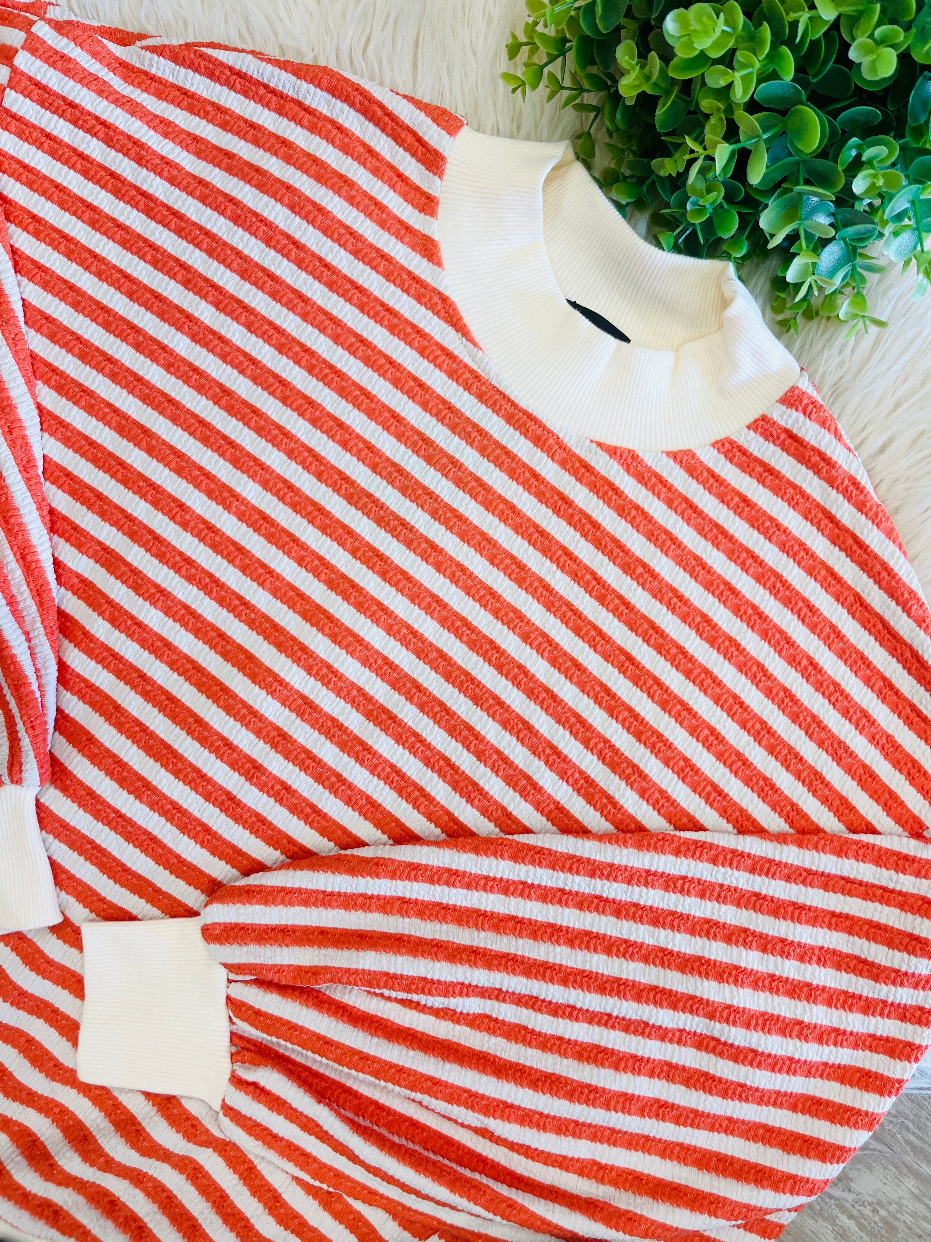 Women’s Evermmee Orange And White Striped Mock Neck Long Sleeve Top