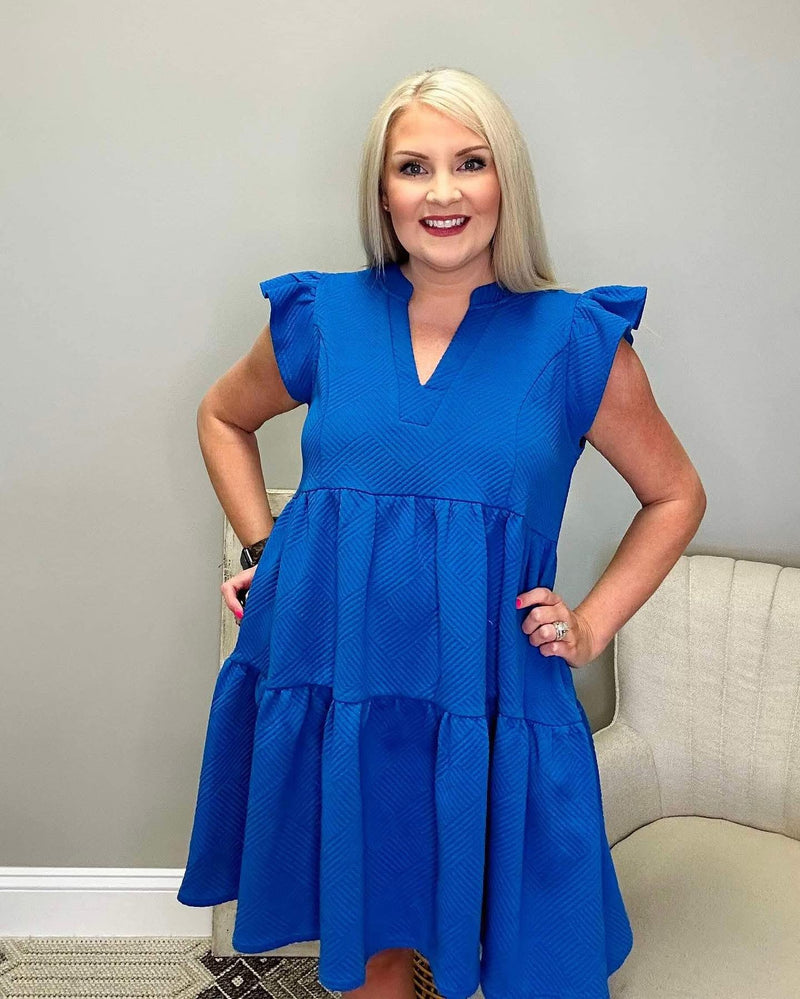 Textured Split Neck Dress Blue - Mini Mee Boutique