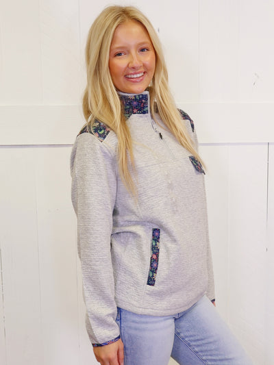 Simply Southern Grey quarter zip  Pullover with Floral Accents Sweater Top