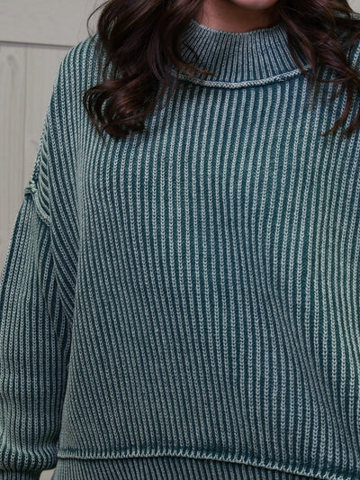 Dark Green Washed Side Slit Oversized Cropped Sweater