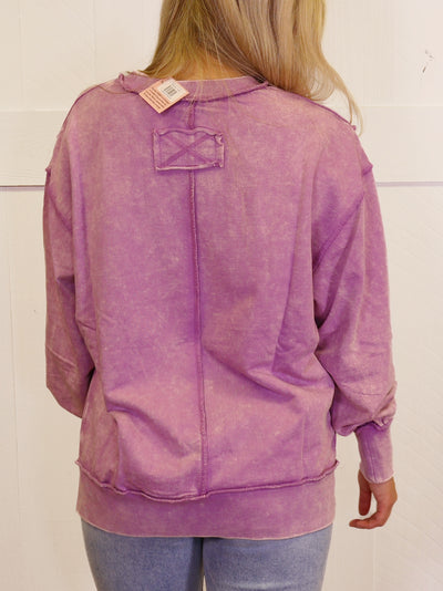 Mauve Acid Wash Exposed Seam Sweater Pullover Top