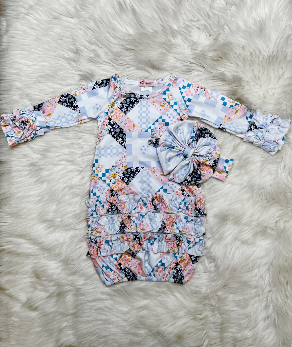 Girl’s Clover Cottage Quilted Newborn Gown and Bow Set