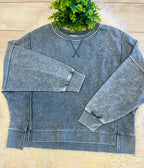 Women’s Acid Wash Long Sleeve Side Slit Knit Top In Indigo Blue