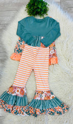 Girl’s Sage Floral Pocket Two- Piece Bell Bottom Ruffle Set