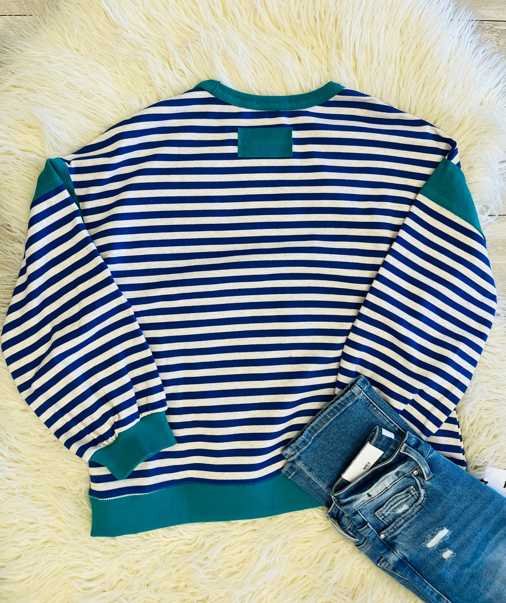 Women’s Blue and Grey Stripe with Green Detail Front Pocket Long Sleeve - Oversized