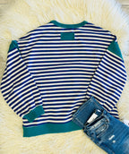 Women’s Blue and Grey Stripe with Green Detail Front Pocket Long Sleeve - Oversized