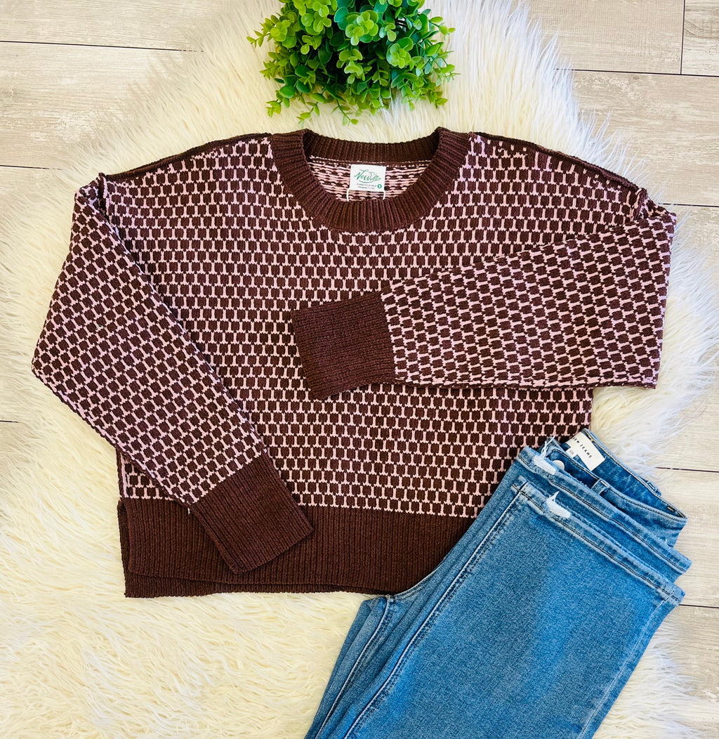Women’s Brown And Pink Checkered Knit Crewneck Sweater