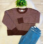 Women’s Brown And Pink Checkered Knit Crewneck Sweater