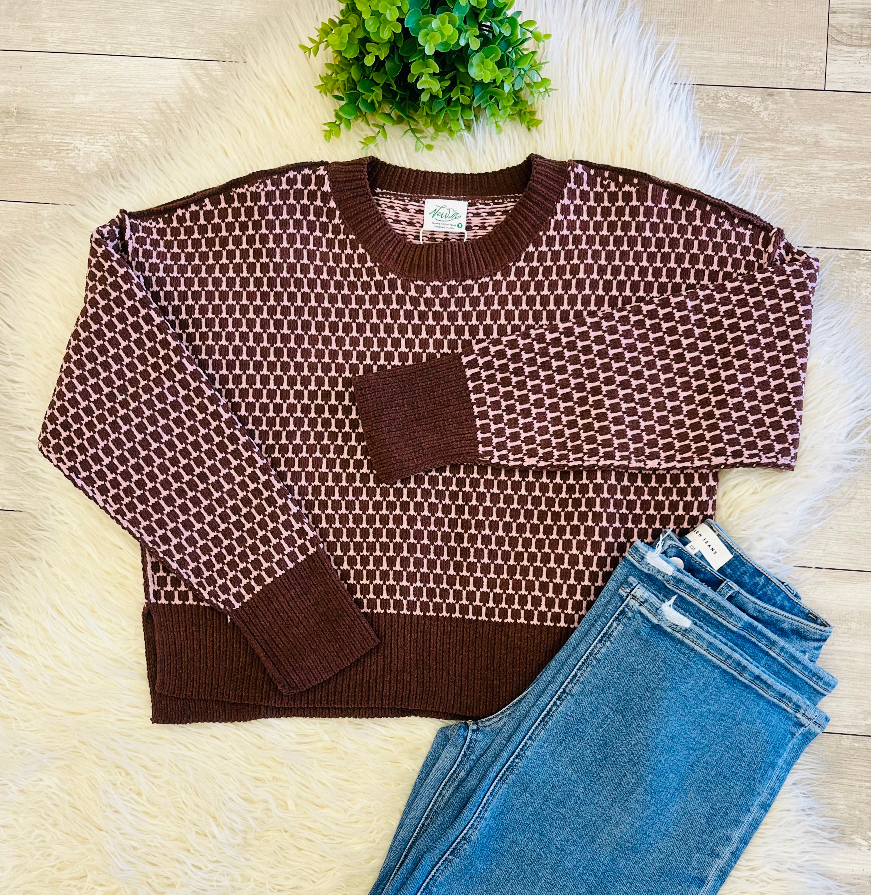 Women’s Brown And Pink Checkered Knit Crewneck Sweater
