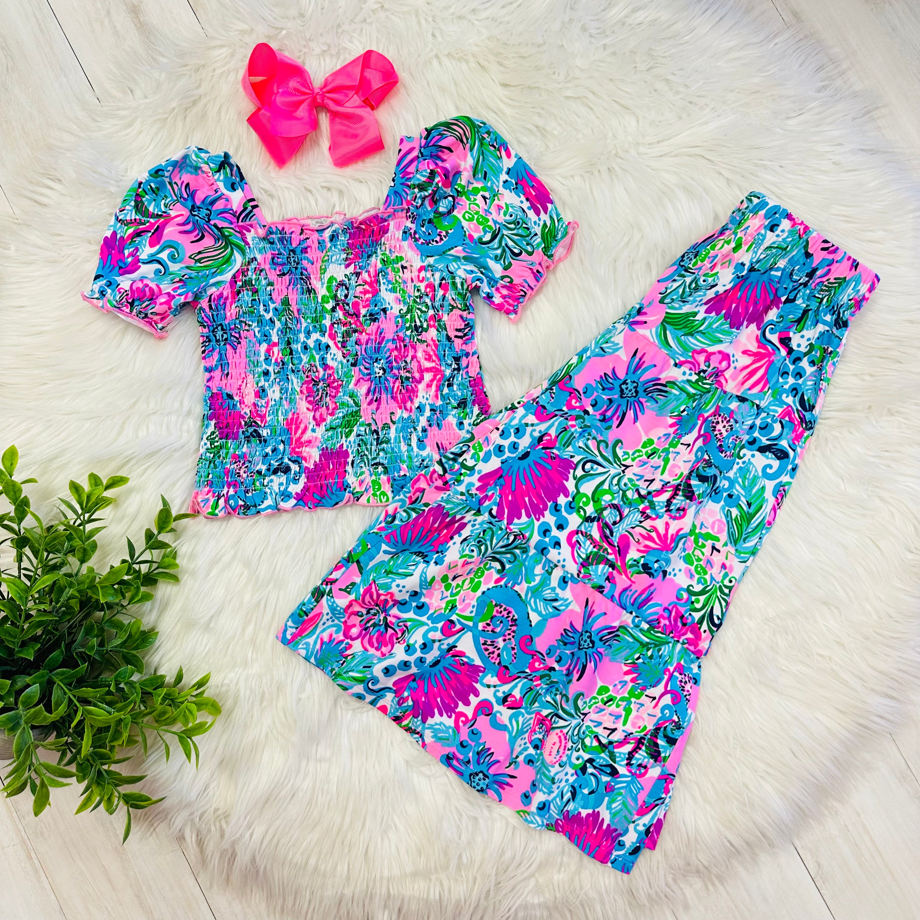 Girls Smocked Lilly Print Wide Leg pant outfit