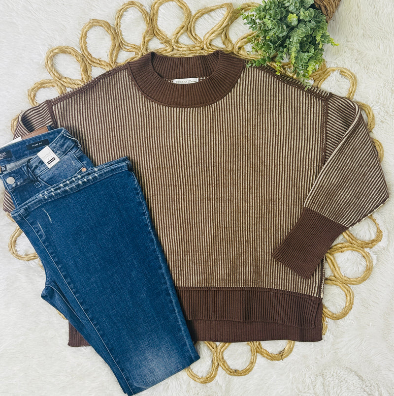 Zenana Exposed Seam Two Tone Brown Sweater
