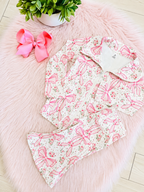 Girl’s Pink Bow Zip up Jacket and Flare Pant Outfit Set
