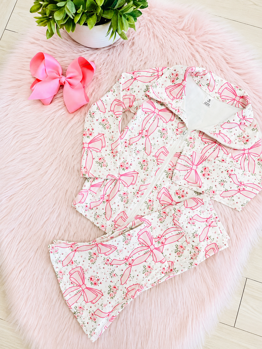 Girl’s Pink Bow Zip up Jacket and Flare Pant Outfit Set