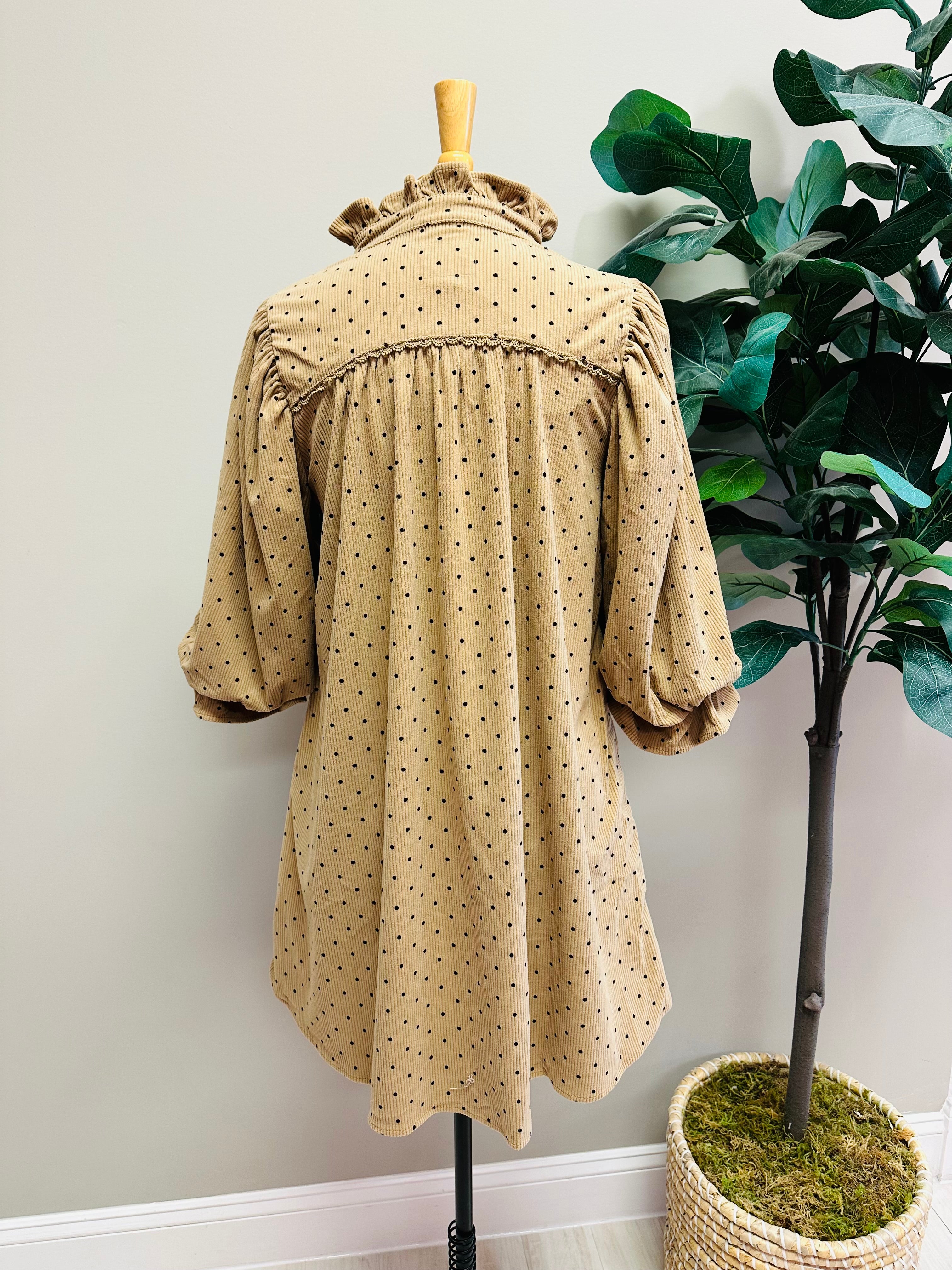 Women’s Umgee Mocha Polka Dot  Dress with Ruffled Collar