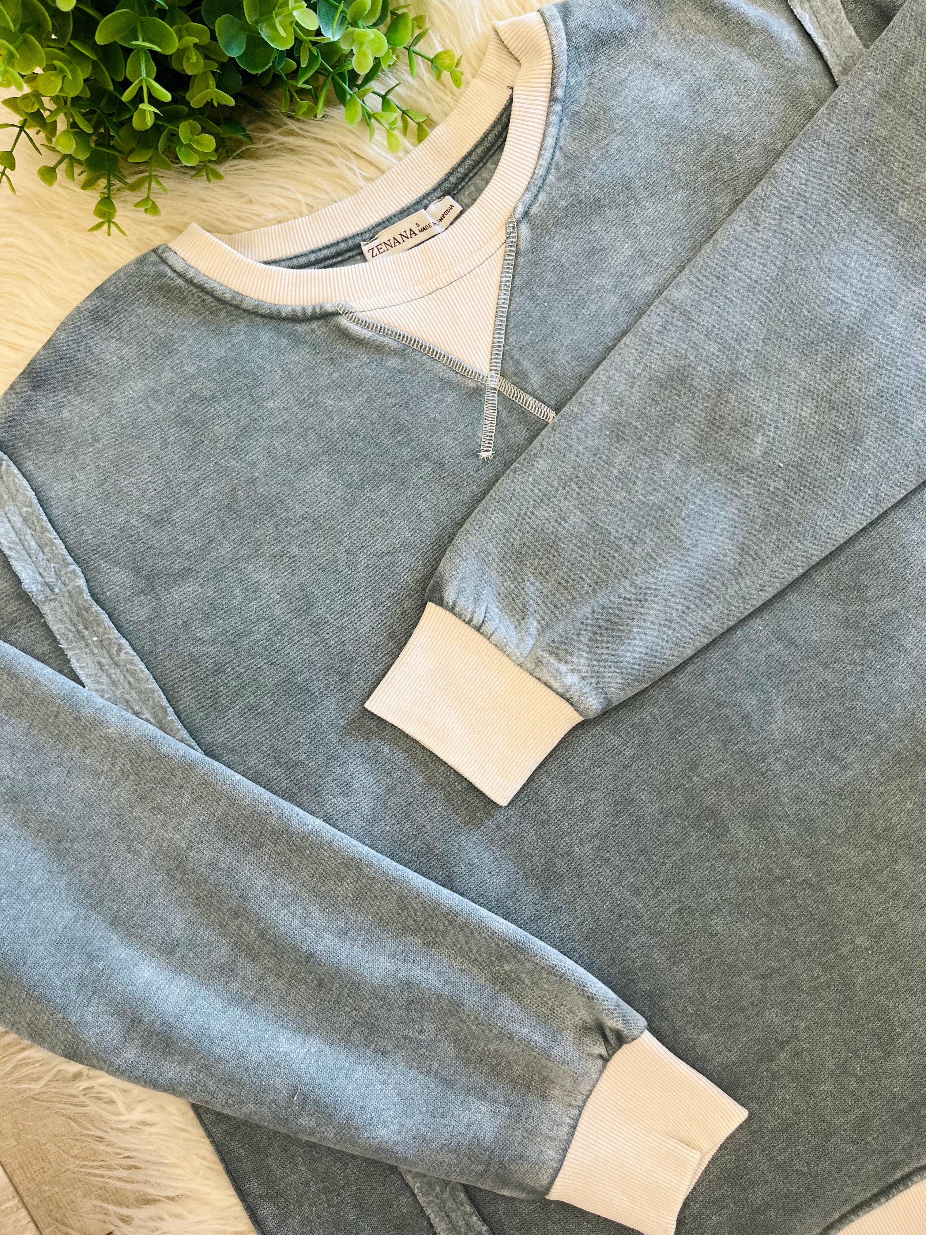 Women’s Zenana Washed Exposed Seam Sweatshirt In Antique Indigo