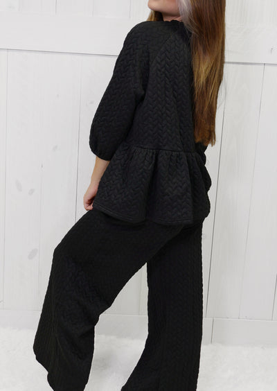 Quilted Peplum Wide Pant Black Two Piece Set