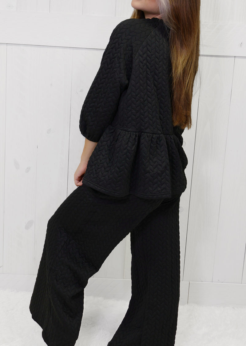 Quilted Peplum Wide Pant Black Two Piece Set