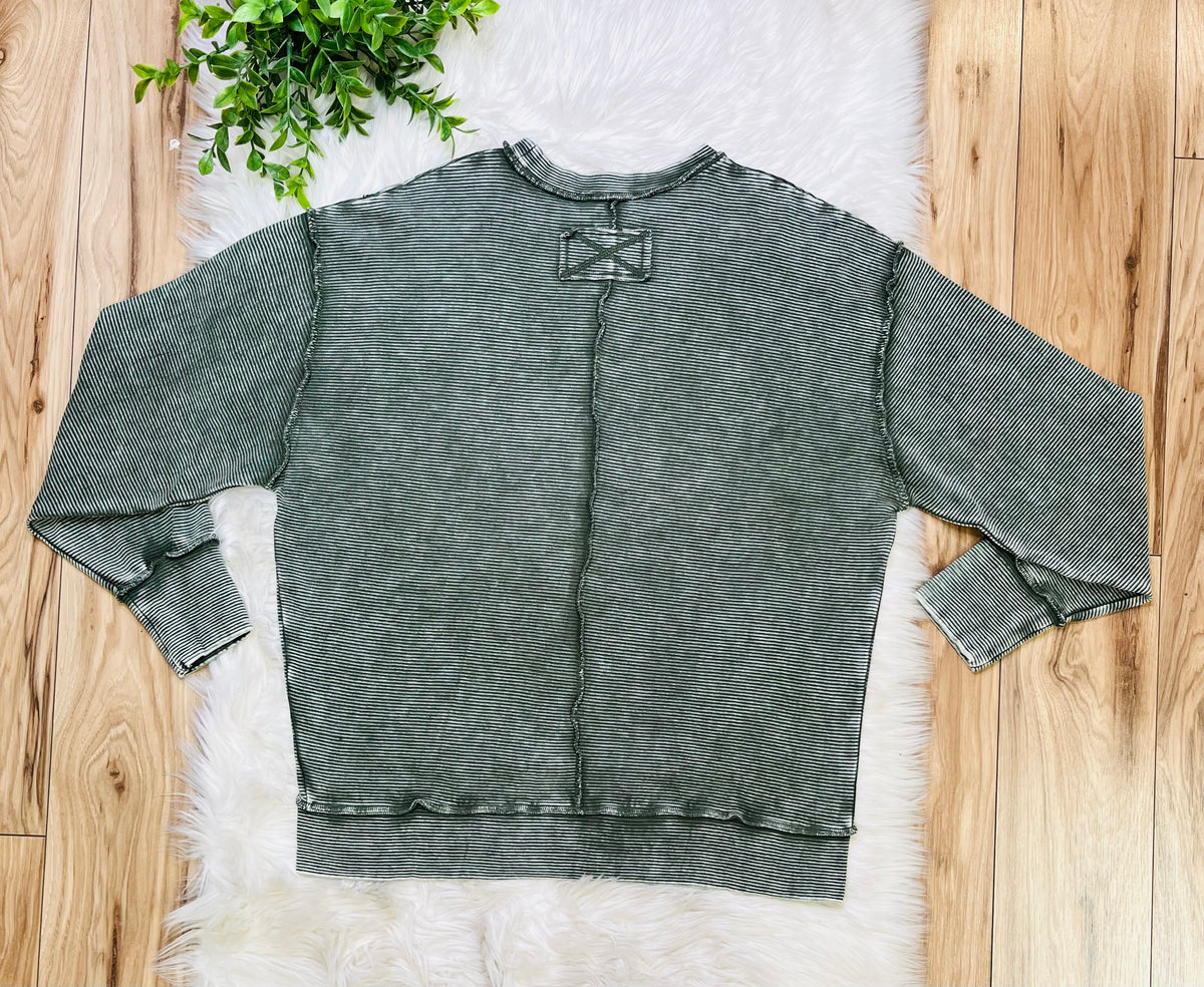 Women’s Zenana Dark Olive Ribbed Raw Hem Crewneck Top