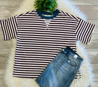 Women’s Curvy Burgundy Stripe Short Sleeve Knit Top