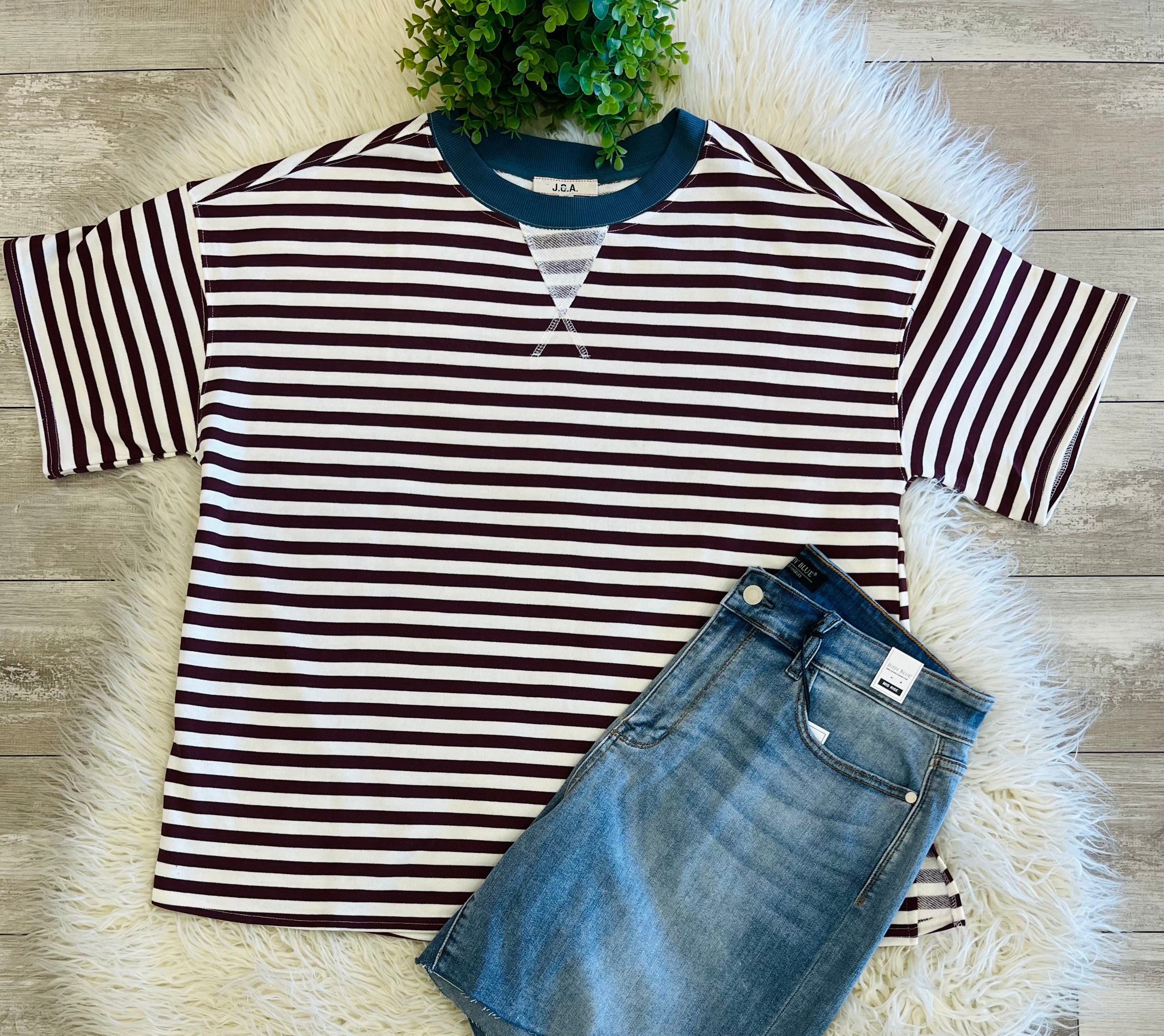 Women’s Curvy Burgundy Stripe Short Sleeve Knit Top