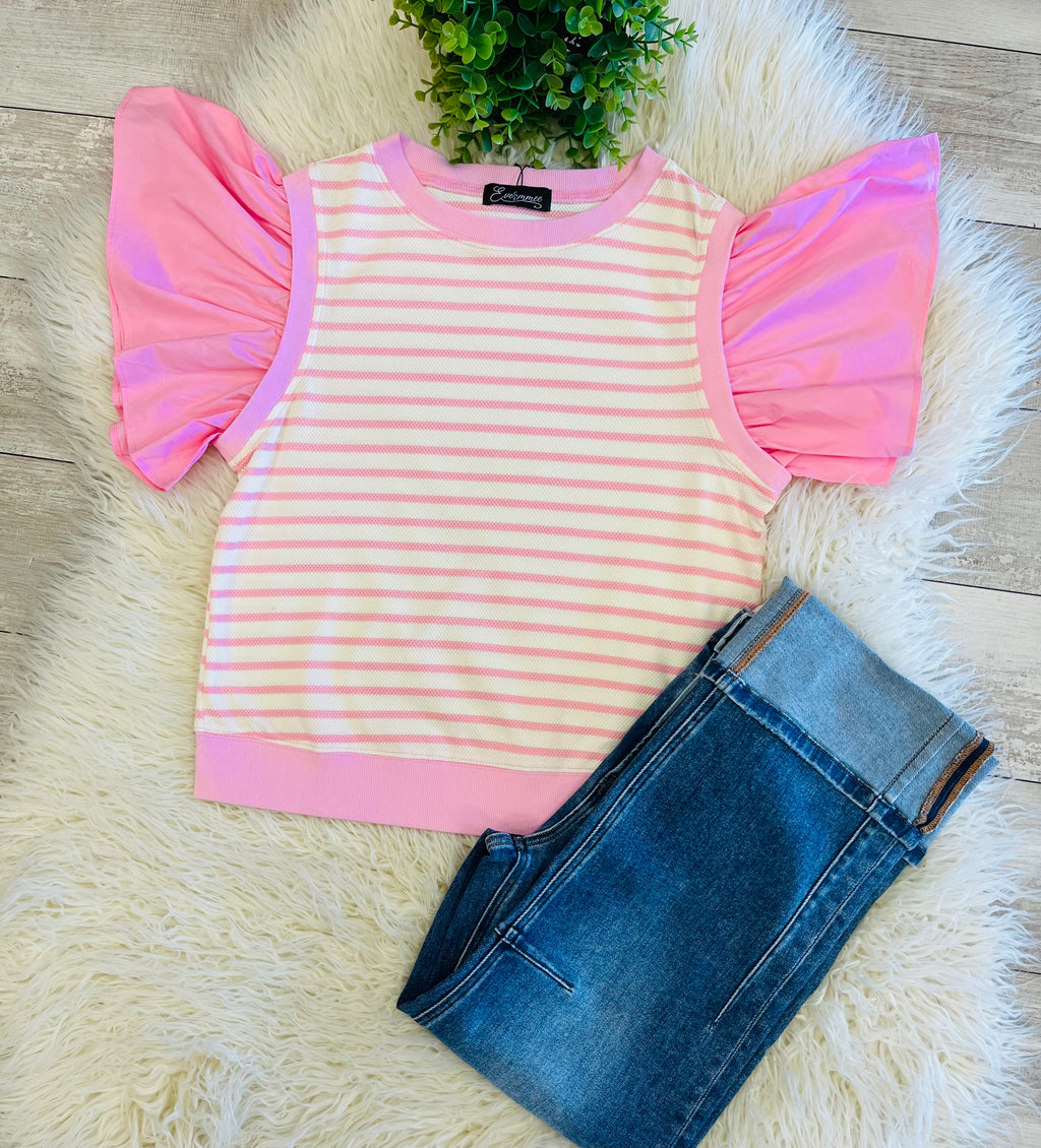 Women’s Evermmee Pink Stripe Ruffle Sleeve Top