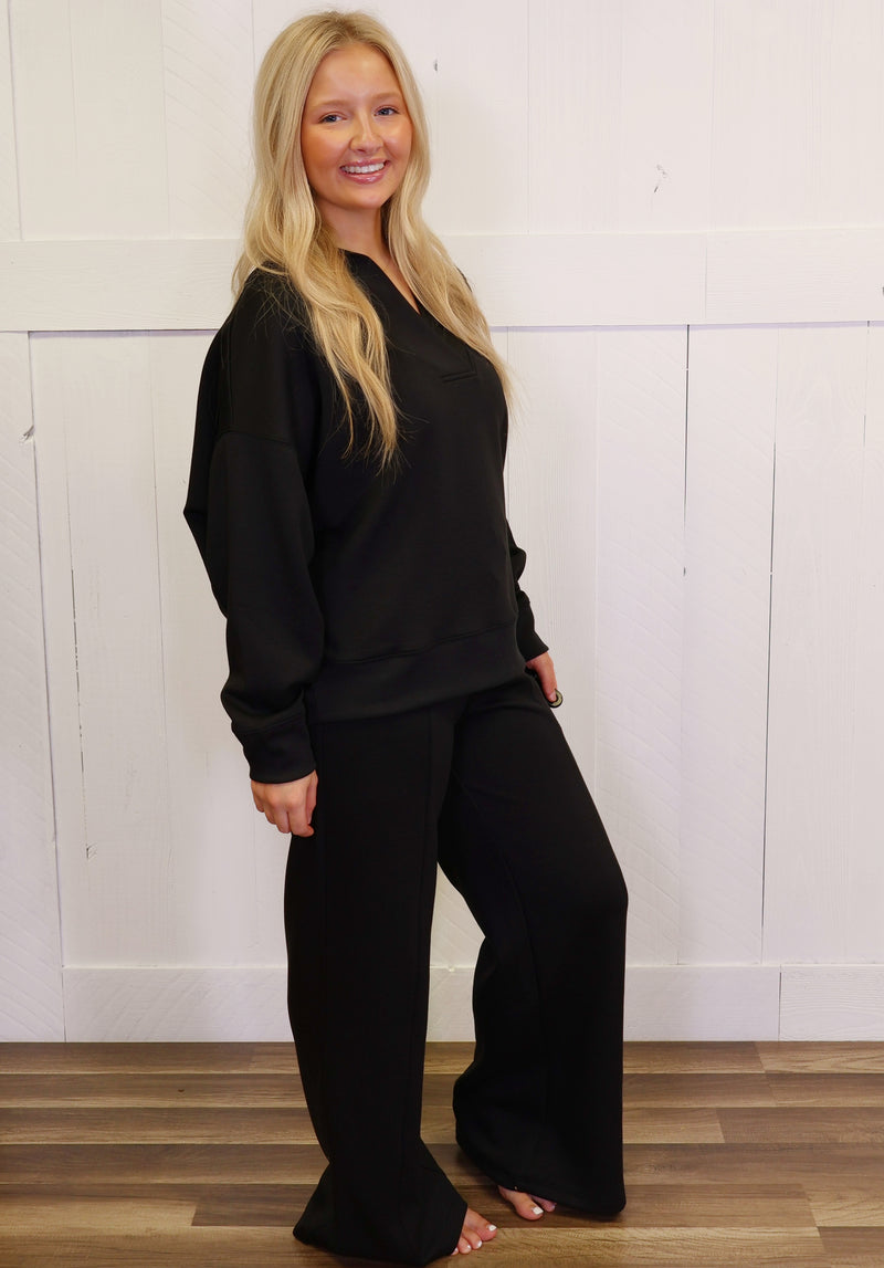 Zenana Scuba Collared  Pullover Pant Set Black